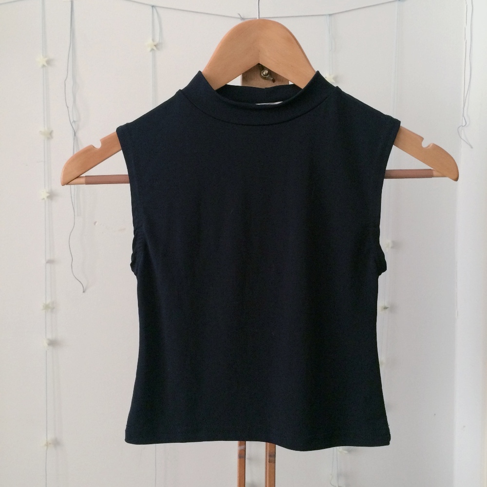 Navy Blue Mock Neck Crop Tank Top from Korea XS